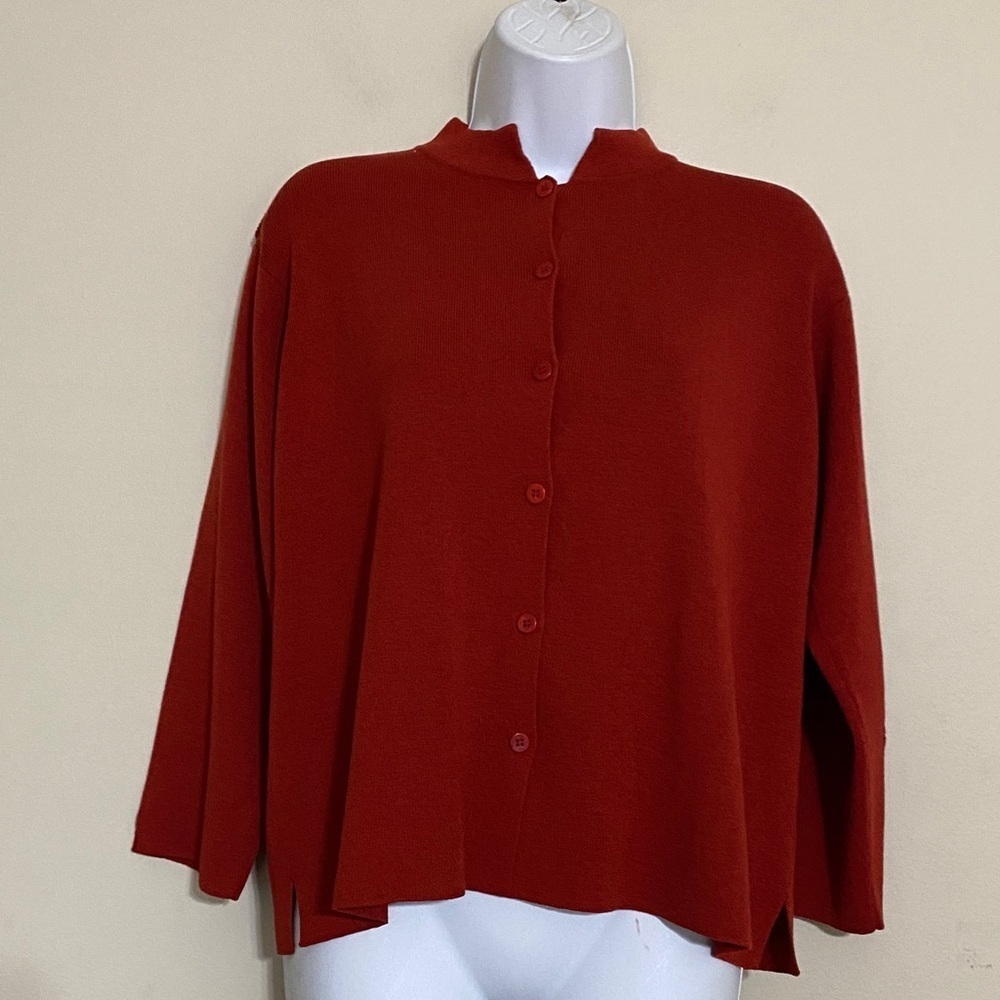 Eileen Fisher Rich Red Button-Down Sweater cardigan 100% wool casual stretch